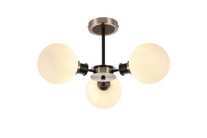 Jestero 53cm Semi Ceiling, 3 Light E14 With 15cm Round Glass Shade, Satin Nickel, Opal & Satin Black