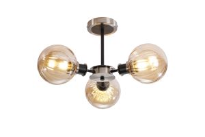 Jestero 53cm Semi Ceiling, 3 Light E14 With 15cm Round Segment Glass Shade, Satin Nickel, Amber Plated & Satin Black