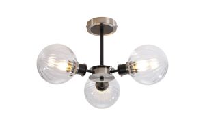 Jestero 53cm Semi Ceiling, 3 Light E14 With 15cm Round Segment Glass Shade, Satin Nickel, Clear & Satin Black