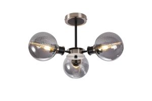 Jestero 53cm Semi Ceiling, 3 Light E14 With 15cm Round Double Textured Smooth / Ribbed Glass Shade, Satin Nickel, Smoke Plated & Satin Black