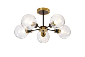 Jestero 52cm Semi Ceiling, 5 Light E14 With 15cm Round Crackled Glass Shade, Brass, Clear & Satin Black
