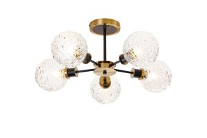 Jestero 52cm Semi Ceiling, 5 Light E14 With 15cm Round Textured Crumple Glass Shade, Brass, Clear & Satin Black