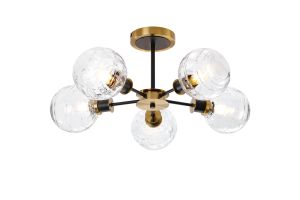Jestero 52cm Semi Ceiling, 5 Light E14 With 15cm Round Textured Melting Glass Shade, Brass, Clear & Satin Black