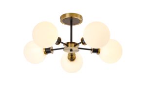 Jestero 52cm Semi Ceiling, 5 Light E14 With 15cm Round Glass Shade, Brass, Opal & Satin Black