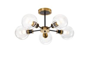 Jestero 52cm Semi Ceiling, 5 Light E14 With 15cm Round Segment Glass Shade, Brass, Clear & Satin Black