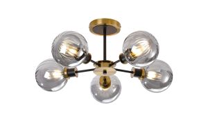 Jestero 52cm Semi Ceiling, 5 Light E14 With 15cm Round Segment Glass Shade, Brass, Smoke Plated & Satin Black