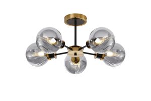 Jestero 52cm Semi Ceiling, 5 Light E14 With 15cm Round Double Textured Smooth / Ribbed Glass Shade, Brass, Smoke Plated & Satin Black
