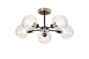 Jestero 52cm Semi Ceiling, 5 Light E14 With 15cm Round Crackled Glass Shade, Satin Nickel, Clear & Satin Black