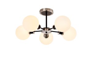 Jestero 52cm Semi Ceiling, 5 Light E14 With 15cm Round Glass Shade, Satin Nickel, Opal & Satin Black