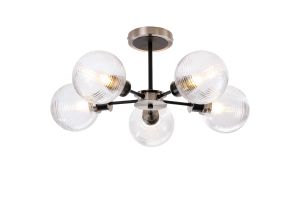 Jestero 52cm Semi Ceiling, 5 Light E14 With 15cm Round Ribbed Glass Shade, Satin Nickel, Clear & Satin Black