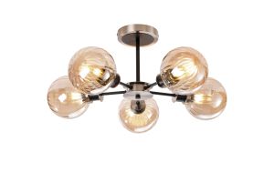 Jestero 52cm Semi Ceiling, 5 Light E14 With 15cm Round Segment Glass Shade, Satin Nickel, Amber Plated & Satin Black
