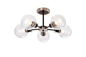 Jestero 52cm Semi Ceiling, 5 Light E14 With 15cm Round Segment Glass Shade, Satin Nickel, Clear & Satin Black