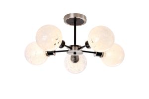 Jestero 52cm Semi Ceiling, 5 Light E14 With 15cm Round Speckled Glass Shade, Satin Nickel, White & Satin Black