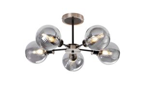 Jestero 52cm Semi Ceiling, 5 Light E14 With 15cm Round Double Textured Smooth / Ribbed Glass Shade, Satin Nickel, Smoke Plated & Satin Black