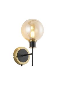 Jestero Switched Wall Light, 1 Light E14 With 15cm Round Glass Shade, Brass, Amber Plated & Satin Black