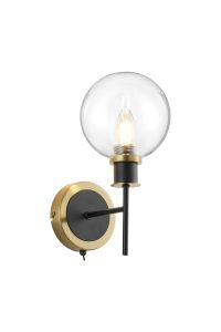 Jestero Switched Wall Light, 1 Light E14 With 15cm Round Glass Shade, Brass, Clear & Satin Black