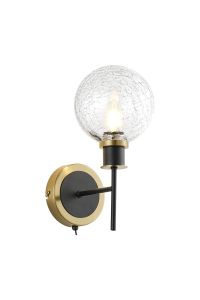 Jestero Switched Wall Light, 1 Light E14 With 15cm Round Crackled Glass Shade, Brass, Clear & Satin Black