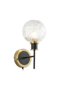 Jestero Switched Wall Light, 1 Light E14 With 15cm Round Textured Crumple Glass Shade, Brass, Clear & Satin Black