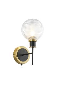Jestero Switched Wall Light, 1 Light E14 With 15cm Round Textured Diamond Pattern Glass Shade, Brass, Clear & Satin Black