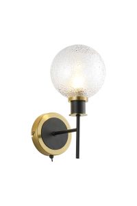 Jestero Switched Wall Light, 1 Light E14 With 15cm Round Dimpled Glass Shade, Brass, Clear & Satin Black