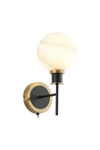 Jestero Switched Wall Light, 1 Light E14 With 15cm Round White & Grey Marble Effect Glass Shade, Brass & Satin Black Framework