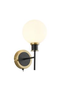 Jestero Switched Wall Light, 1 Light E14 With 15cm Round Glass Shade, Brass, Opal & Satin Black