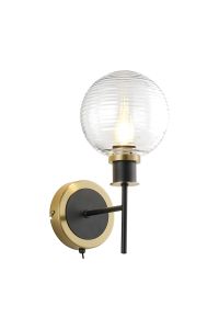 Jestero Switched Wall Light, 1 Light E14 With 15cm Round Ribbed Glass Shade, Brass, Clear & Satin Black