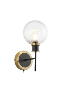 Jestero Switched Wall Light, 1 Light E14 With 15cm Round Segment Glass Shade, Brass, Clear & Satin Black