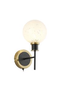 Jestero Switched Wall Light, 1 Light E14 With 15cm Round Speckled Glass Shade, Brass, White & Satin Black