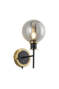 Jestero Switched Wall Light, 1 Light E14 With 15cm Round Double Textured Smooth / Ribbed Glass Shade, Brass, Smoke Plated & Satin Black
