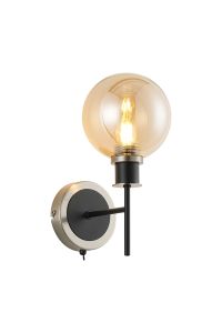 Jestero Switched Wall Light, 1 Light E14 With 15cm Round Glass Shade, Satin Nickel, Amber Plated & Satin Black