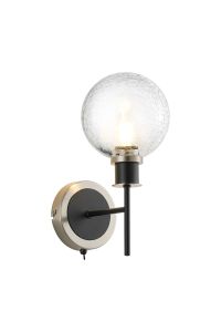 Jestero Switched Wall Light, 1 Light E14 With 15cm Round Crackled Glass Shade, Satin Nickel, Clear & Satin Black