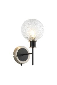 Jestero Switched Wall Light, 1 Light E14 With 15cm Round Textured Crumple Glass Shade, Satin Nickel, Clear & Satin Black