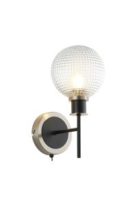 Jestero Switched Wall Light, 1 Light E14 With 15cm Round Textured Diamond Pattern Glass Shade, Satin Nickel, Clear & Satin Black