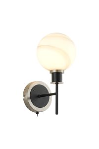 Jestero Switched Wall Light, 1 Light E14 With 15cm Round White & Grey Marble Effect Glass Shade, Satin Nickel & Satin Black Framework