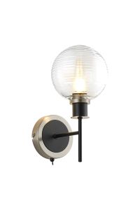 Jestero Switched Wall Light, 1 Light E14 With 15cm Round Ribbed Glass Shade, Satin Nickel, Clear & Satin Black
