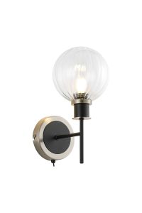 Jestero Switched Wall Light, 1 Light E14 With 15cm Round Segment Glass Shade, Satin Nickel, Clear & Satin Black