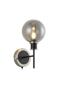 Jestero Switched Wall Light, 1 Light E14 With 15cm Round Glass Shade, Satin Nickel, Smoke Plated & Satin Black