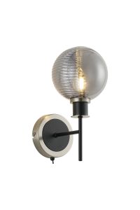 Jestero Switched Wall Light, 1 Light E14 With 15cm Round Double Textured Smooth/Ribbed Glass Shade, Satin Nickel, Smoke Plated & Satin Black