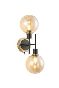 Jestero Switched Wall Light, 2 Light E14 With 15cm Round Glass Shade, Brass, Amber Plated & Satin Black