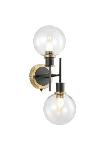 Jestero Switched Wall Light, 2 Light E14 With 15cm Round Glass Shade, Brass, Clear & Satin Black