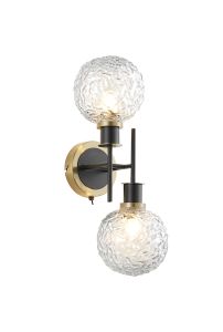 Jestero Switched Wall Light, 2 Light E14 With 15cm Round Textured Crumple Glass Shade, Brass, Clear & Satin Black