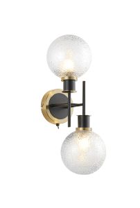 Jestero Switched Wall Light, 2 Light E14 With 15cm Round Dimpled Glass Shade, Brass, Clear & Satin Black