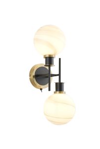Jestero Switched Wall Light, 2 Light E14 With 15cm Round White & Grey Marble Effect Glass Shade, Brass & Satin Black Framework
