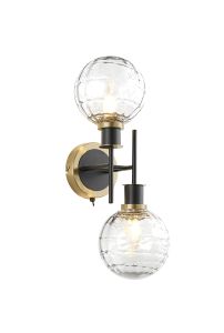 Jestero Switched Wall Light, 2 Light E14 With 15cm Round Textured Melting Glass Shade, Brass, Clear & Satin Black