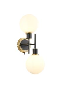 Jestero Switched Wall Light, 2 Light E14 With 15cm Round Glass Shade, Brass, Opal & Satin Black