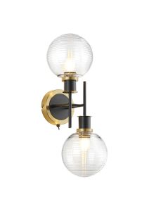 Jestero Switched Wall Light, 2 Light E14 With 15cm Round Ribbed Glass Shade, Brass, Clear & Satin Black