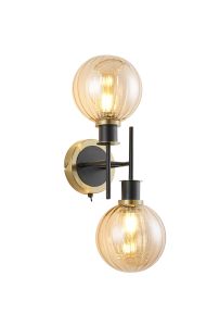 Jestero Switched Wall Light, 2 Light E14 With 15cm Round Segment Glass Shade, Brass, Amber Plated & Satin Black