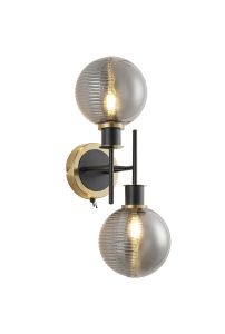 Jestero Switched Wall Light, 2 Light E14 With 15cm Round Double Textured Smooth / Ribbed Glass Shade, Brass, Smoke Plated & Satin Black
