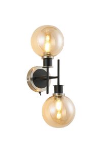 Jestero Switched Wall Light, 2 Light E14 With 15cm Round Glass Shade, Satin Nickel, Amber Plated & Satin Black